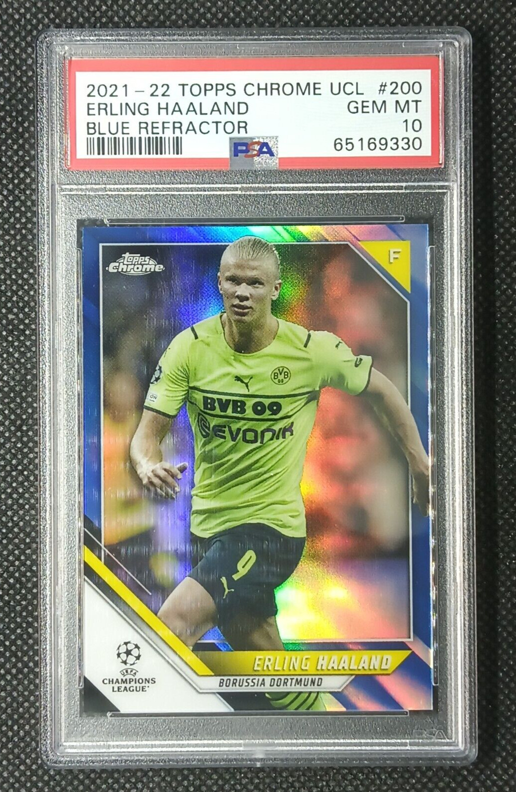 Erling Haaland 2021-22 Topps Chrome UCL True Blue Refractor #/150 PSA 10 Gem