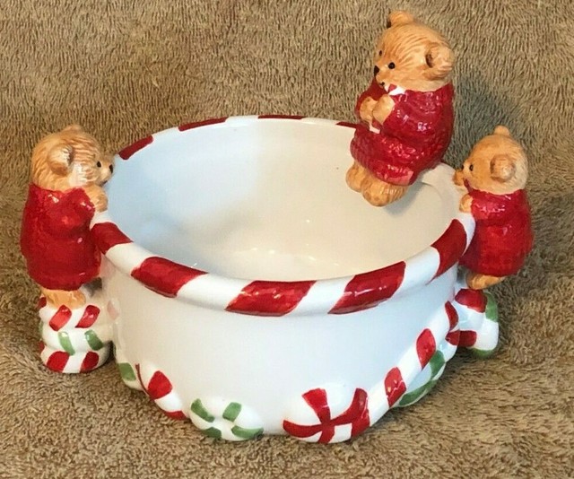 3D 3 Teddy Bear Christmas Holiday Candy Cane Bowl Dish HALLMARK Retired
