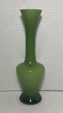 Art Glass Bud Vase Emerald Green White Cased Fluted Rim 8"