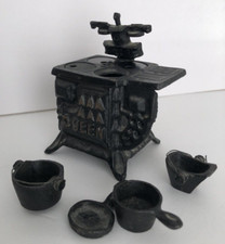 Vintage "AAA Queen" Black Cast Iron Miniature Stove Set Pots, Pans, Child's Toy