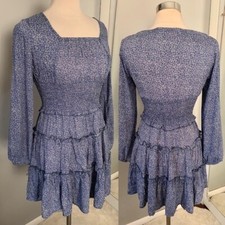 C+D+M Blue Ditsy Floral Tiered Dress Ruched Square Neck Romantic A-line