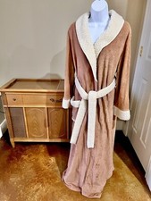 VTG Sears Roebuck Brown Velour Belt Womens Housecoat Robe Sherpa Lined Collar