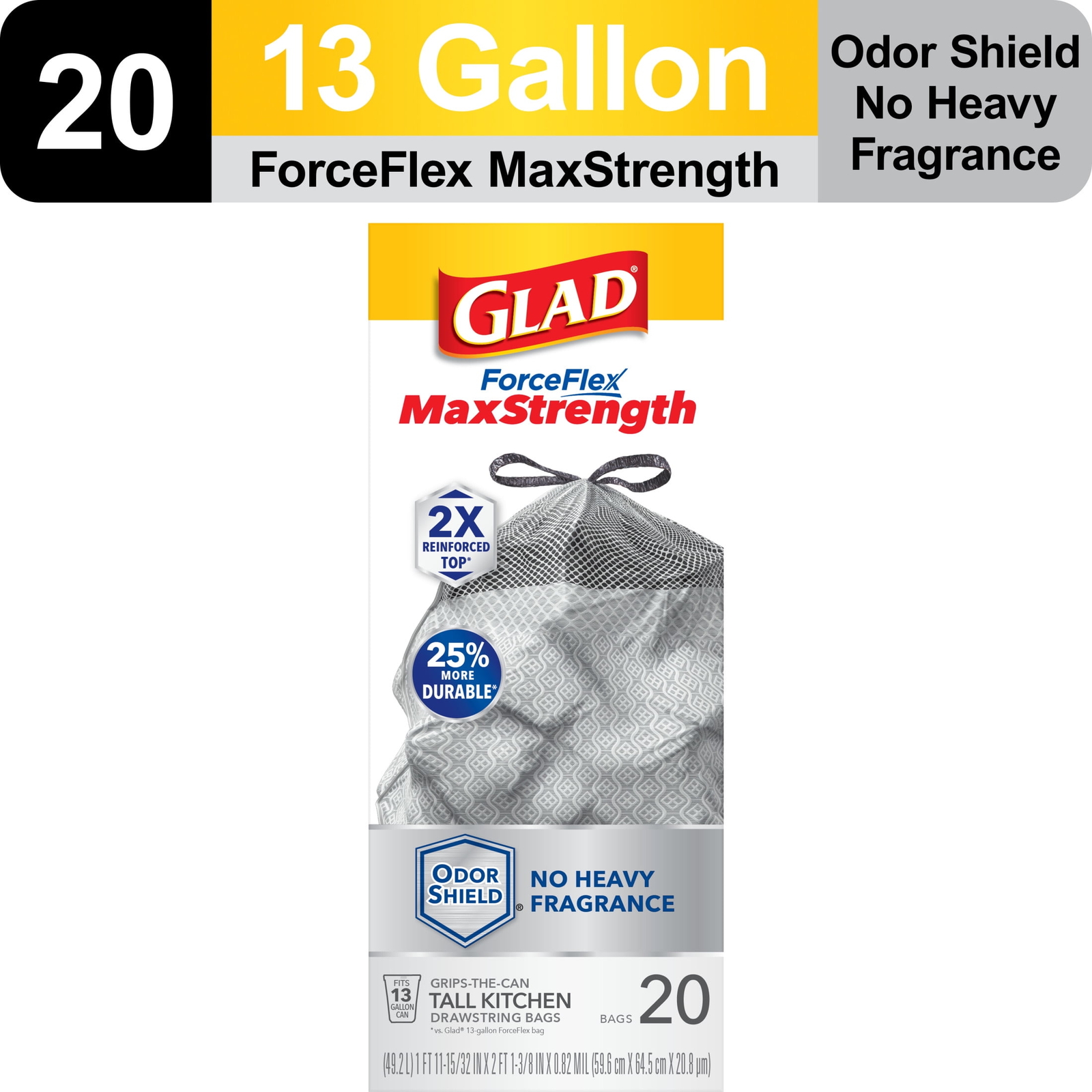 ForceFlex MaxStrength Drawstring Trash Bags, 13 Gallon, Odor Shield, 20 Count