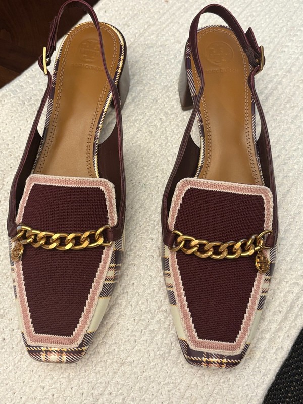 Tory Burch NEW Size 11 Mini Benton Plaid Claret Charm Slingback Loafers Sandals