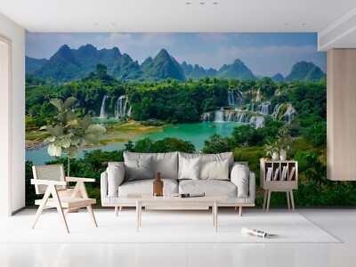 3D Green Forest Waterfall Landscape Wallpaper Wall Murals Removable ...
