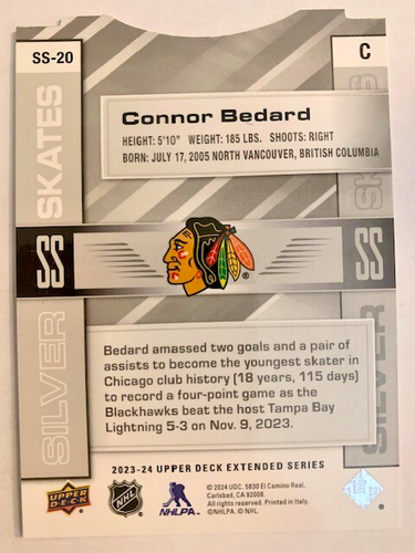 #SS20 Connor Bedard 2023-24 Upper Deck Extended SILVER SKATES Rookie Insert card - Foto 3 di 3