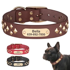 Genuine Leather Dog Collar Spiked Studded Personalized Name Tag Metal Buckle S-L