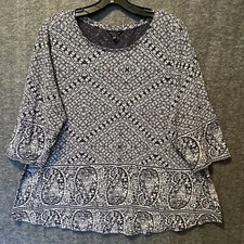 Lucky Brand Top Women 2X Navy Floral Boho Stretch Modal Tunic Tee Shirt Blouse