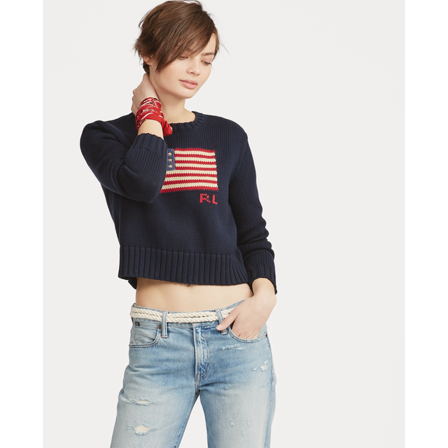 Womens Polo Ralph Lauren Flag Cropped Cotton Sweater Navy Size XL MSRP 148.00 for sale online