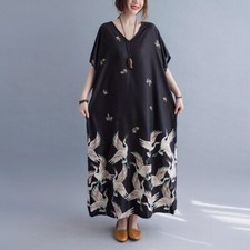 Womens Oversize Loose V Neck Short Sleeves Maxi Gown Crane Print Long Dress