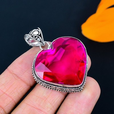 Pink Rubillite Gemstone Handmade 925 Sterling Silver Jewelry Pendant 1.74''