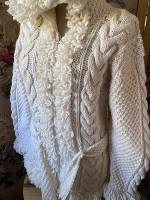 Women s Fisherman Knit Sweater VTG Wool Zip Up Hooded Fringe Jacket Ivory Boho