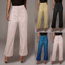 Ladies Glitter Trousers Evening Party Womens Wide Legs High Waist Pants SIZE UK