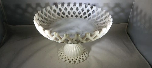 WESTMORELAND Milk Glass COMPOTE Basket Weave LATTICE Open Lace Edge