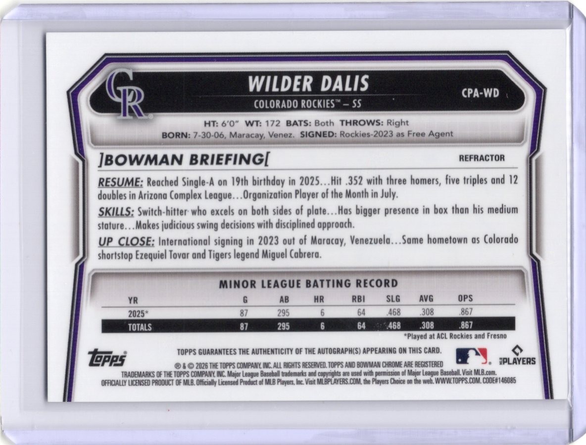 2026 Bowman Chrome Baseball - Wilder Dalis /499 Refractor Chrome Prospect Auto view 2
