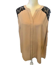 Vince Camuto Chiffon Camel/White w/Black Lace Split V Neck Sleeveless Blouse- 2X