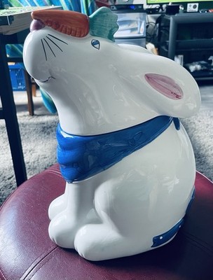 COCO DOWLEY Easter Bunny Cookie Treat Jar with Carrot On Nose & Blue Scarf Vtg 