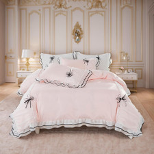 Chic Light Pink Ruffle Duvet Cover Set with Bowtie - 3-Piece Queen Bedding