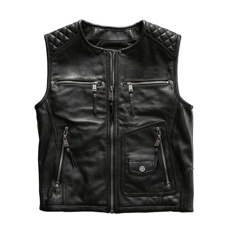 MEN'S GENUINE LEATHER COWHIDE BIKER CLUB VEST WITH QUILTED PANELS BIKERS VEST