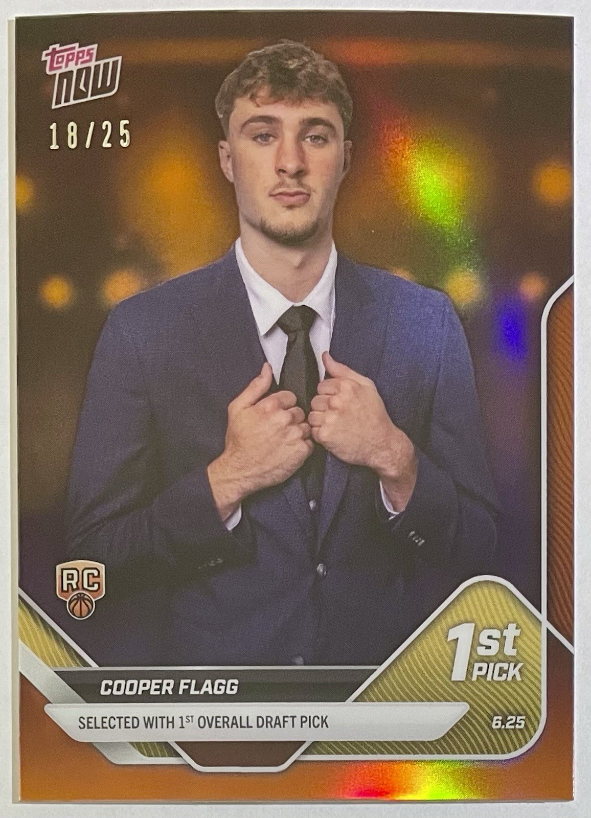 2025 Topps Now Cooper Flagg #D1 RC Rookie 1st Overall Pick Orange Chrome /25