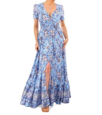 Neu Boho blau Paisley Print durchgeknöpft Maxikleid