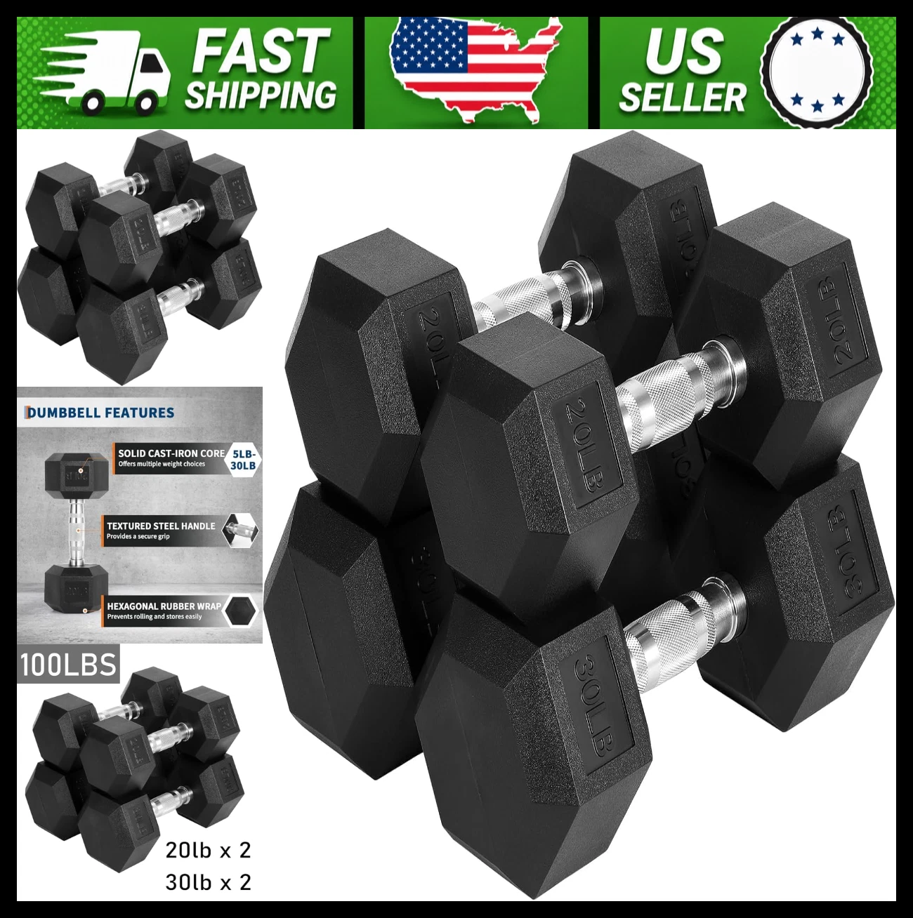 Hex Dumbbell Set 100 lb Total PVC Coated Non-Slip Grip Home Gym