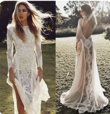 Boho A-Line Wedding Dresses Scoop Neck Long Sleeved Backless Beach Bridal Gowns