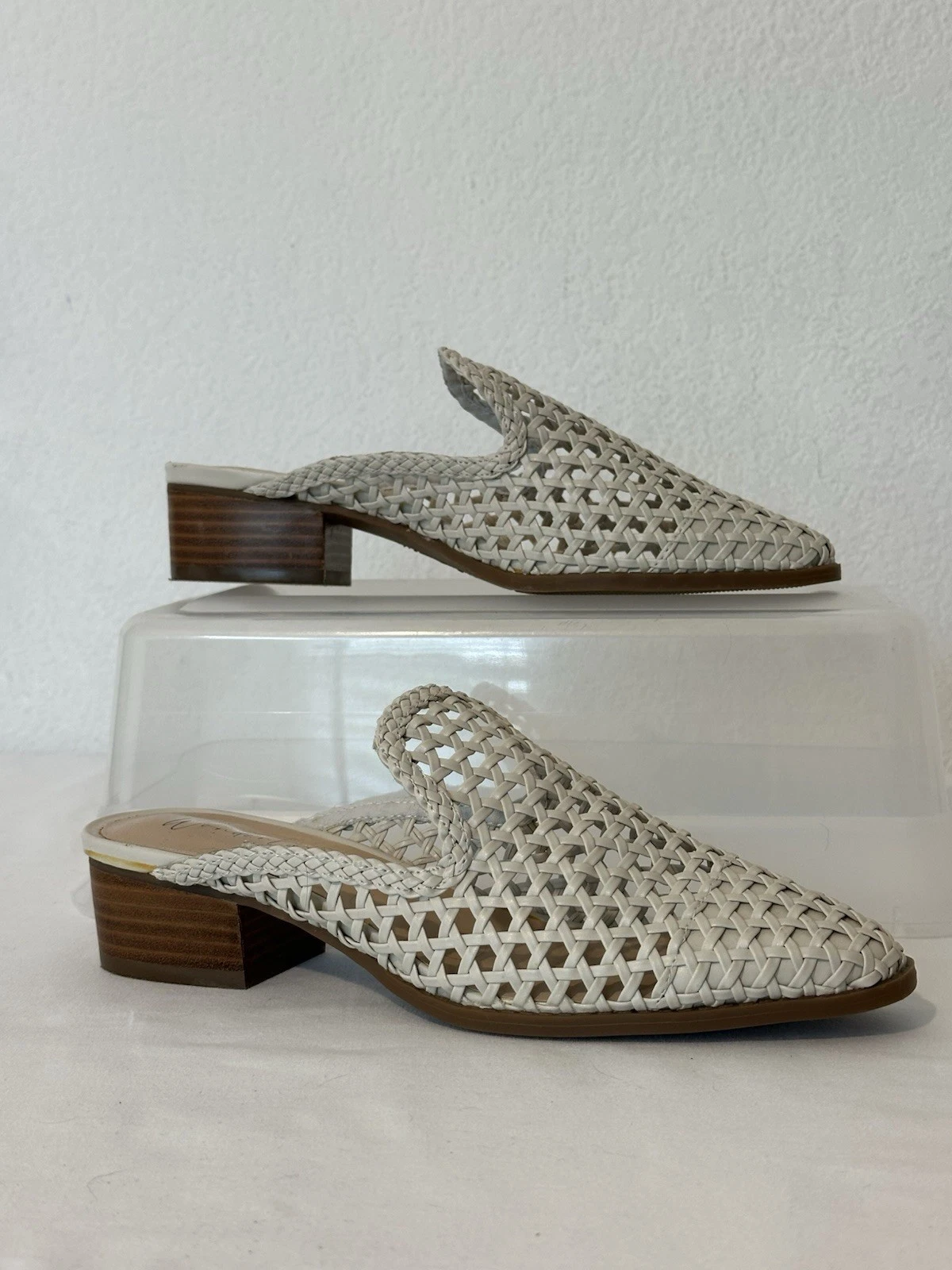 Womens Basketweave Woven Block Heel Slip On Mule Shoes Size 8 Off White