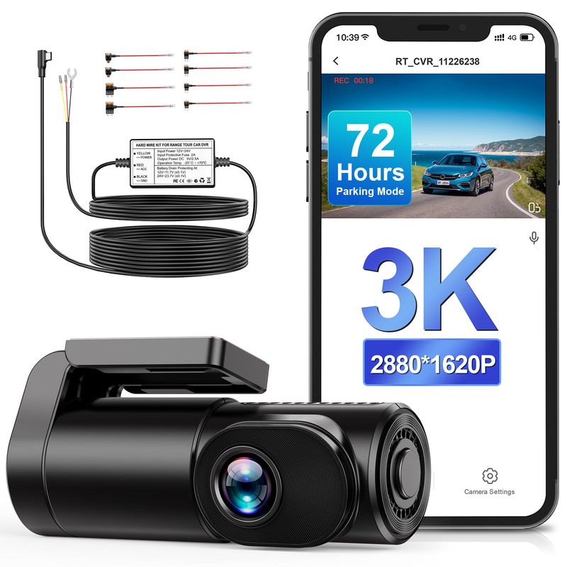 Range Tour Dash Cam 3k Telecamera Anteriore WIFI per Auto con Kit Cablato a 3 Co - Immagine 1