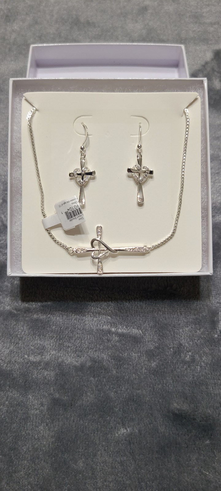 Silver Pavè Cross Heart  Earrings And Bracelet Set