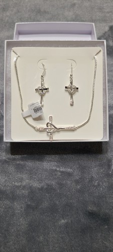 Silver Pavè Cross Heart  Earrings And Bracelet Set