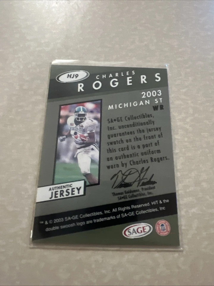 2003 SAGE HIT #HJ9 CHARLES ROGERS GAME USED JERSEY GOLD /50 - Image 3 of 3