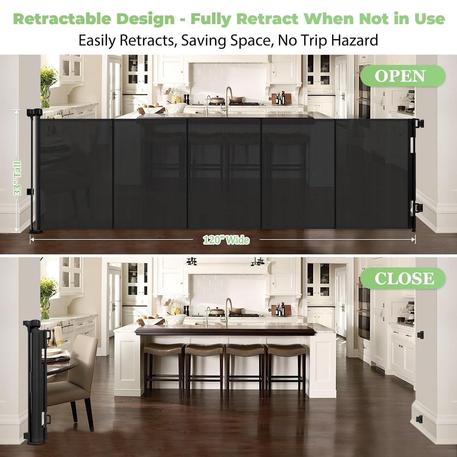 Reinforced 120 Inch Retractable Baby Gates Extra Wide Dog Gate with Support R...