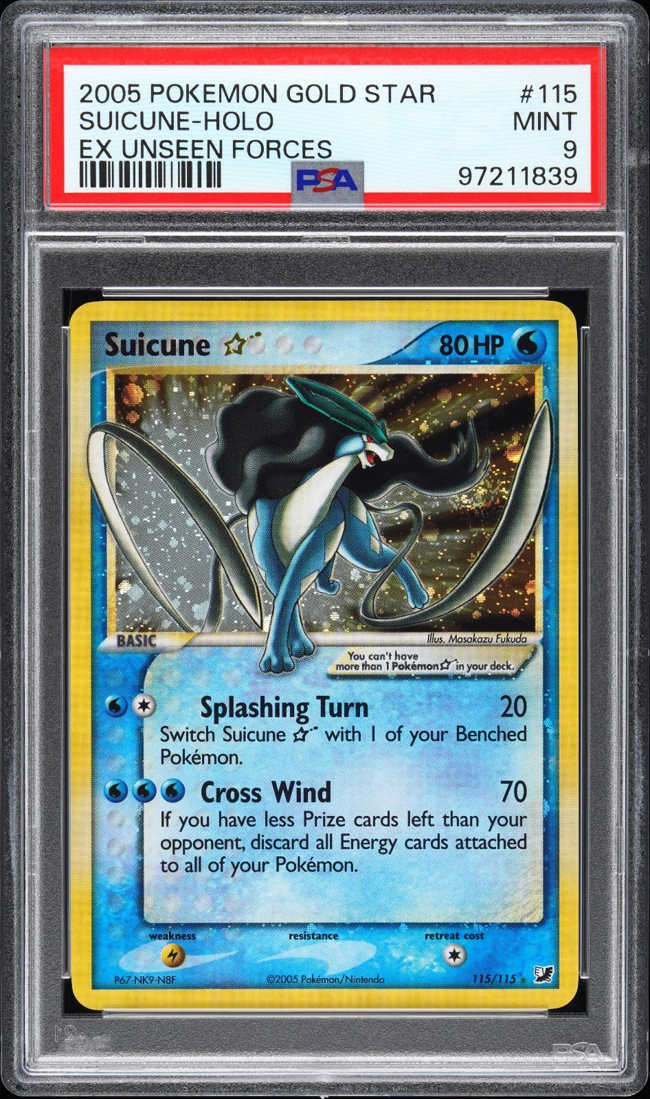 2005 POKEMON GOLD STAR SUICUNE-HOLO EX UNSEEN FORCES #115 PSA 9 *SWIRL*