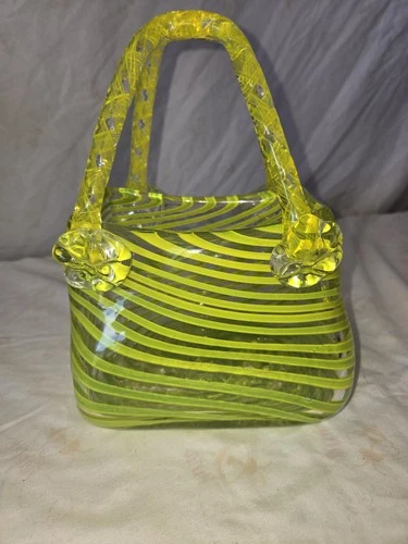 VINTAGE HAND BLOWN ART GLASS MURANO STYLE GLASS PURSE VASE-YELLOW GREEN SWIRL 8"