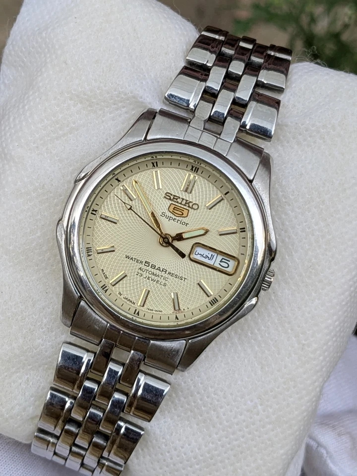 Rare Seiko 5 Superior Whirpool Ivory Dial Automatic Day Date Round Watch Men Jp - Image 4 of 4