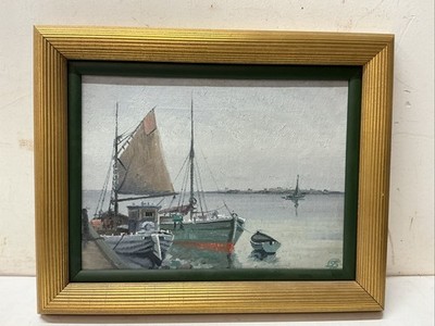 Jens Sinding Christensen (1888-1980) Fishing Boats in Harbor Oil Painting Framed