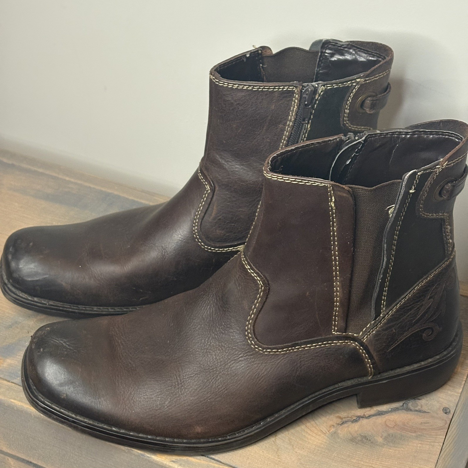 90s y2k GBX Chunky Boots Men's 12 Brown Leather Zip Biker Western Grunge Vtg
