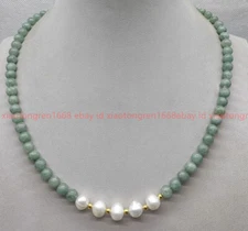 Natural 6mm Green Jade Round Beads &White 7-8mm Cultured Pearl Necklace 16-24in