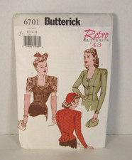 Butterick Retro '43 Easy Blouses in 2 Sleeve Lengths 6701 Miss 12-16 Pattern UC