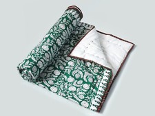 Indian Green Floral Hand Block Stitching Blanket Cotton Reversible Baby Quilted