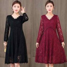 Women Floral Lace Dress A-line V-neck Long Sleeve Elegant Evening Party