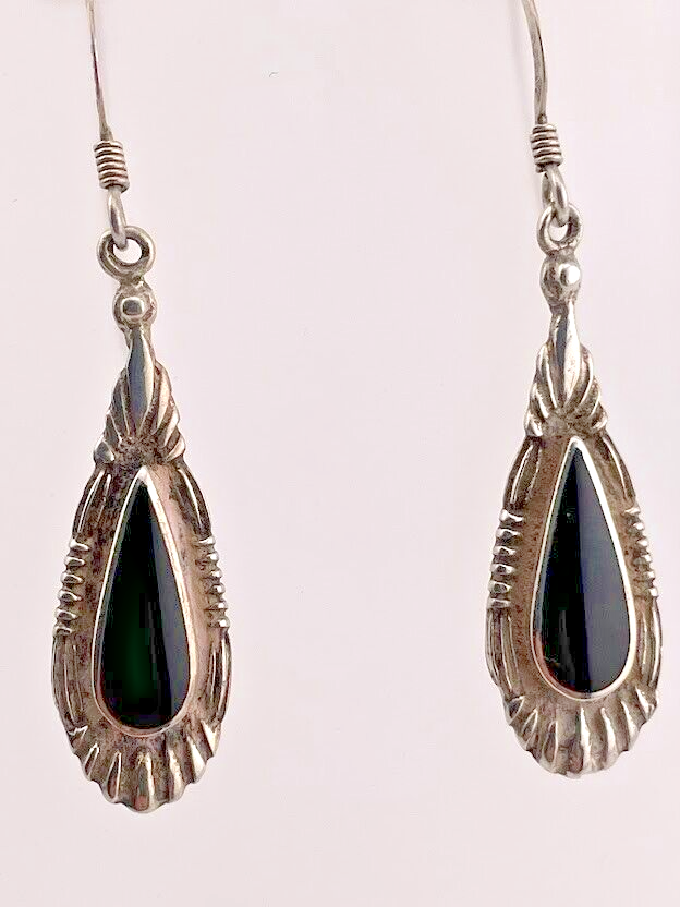 SU 925 STERLING SILVER BLACK ONYX TEARDROP DANGLE EARRINGS 1 3/4