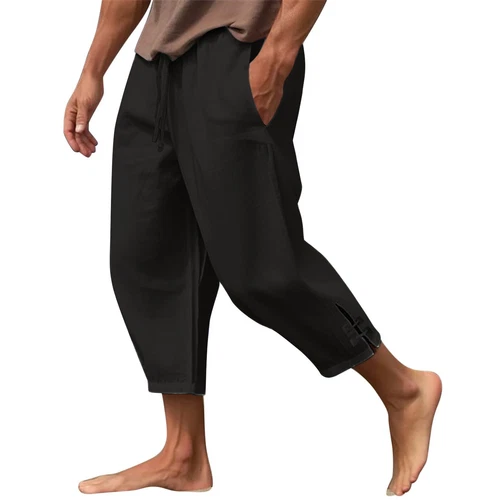 Men's Summer Cotton Linen Drawstring 3/4 Length Pants Casual Baggy Capri Shorts - Bild 15 von 39