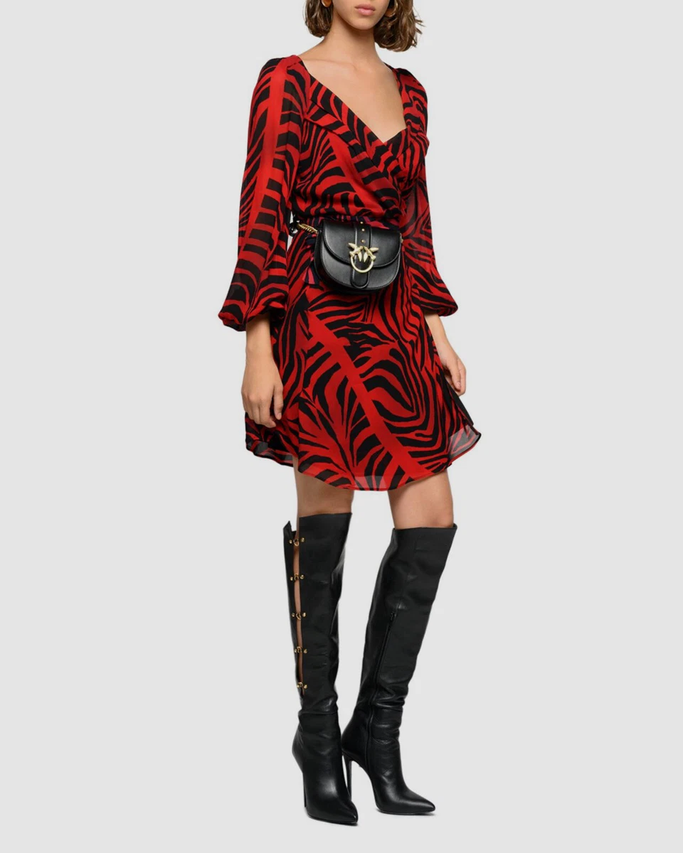 896 Pinko Womens Red Zebra Print Long Sleeve V Neck Wrap Dress IT