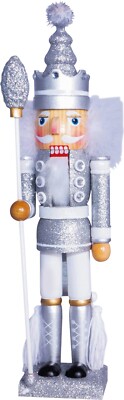 Silberner Nussknacker mit Stab Weihnachtsdeko Ornament festlich Xmas Glitzer