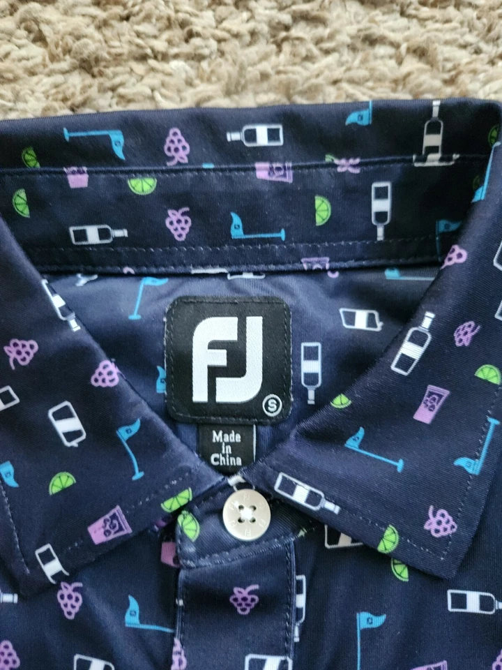 Footjoy FJ Polo Golf & Liquor Polka Dot Men's S Small Bulle Rock Dark Navy Euc - Image 4 of 4