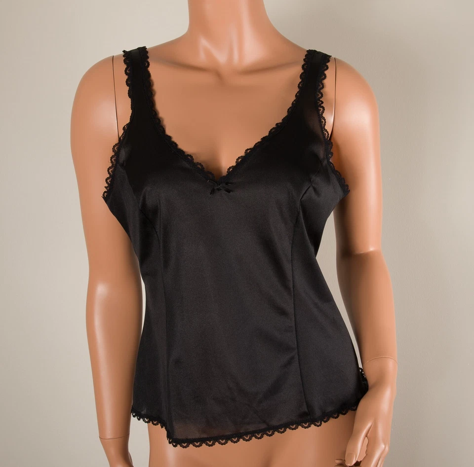 💖 ADVERTENCIAS Medida Perfecta Talla 34 Camiseta sin mangas Cami Negra Nylon Sedoso Borde de Encaje Foto 2 de 4