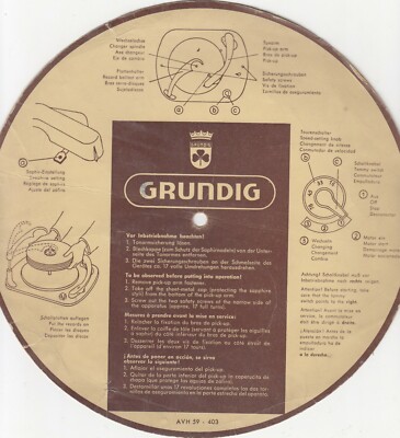 GRUNDING RECORD PLAYER AVH 59 - 403 RARE CARDBOARD INSTRUCTION