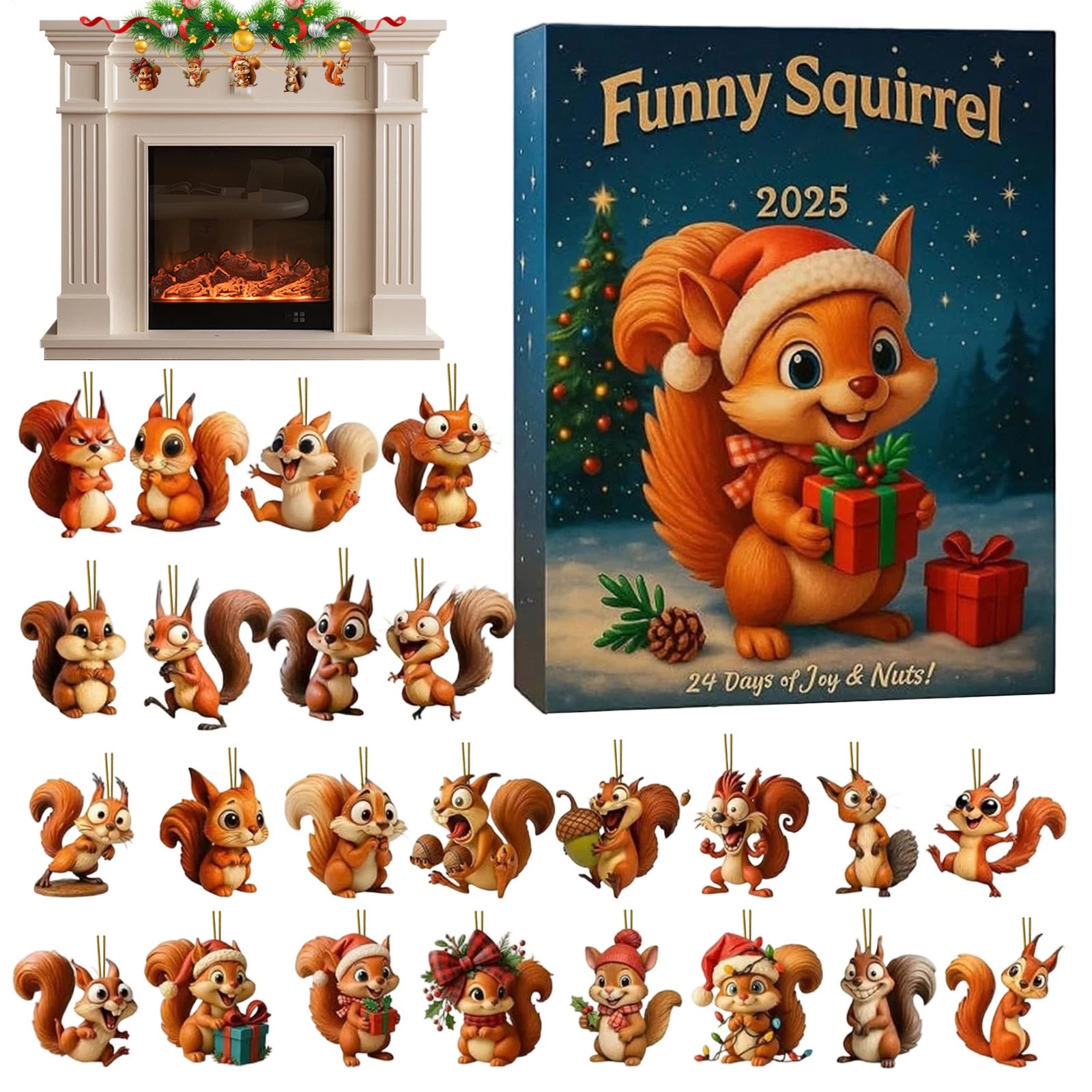 Christmas Countdown Funny Squirrel Advent Calendar 2025, 24 Days 2D Blind Boxes